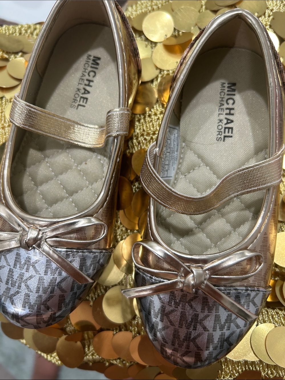 Michael Kors Girls Metallic Rose Gold MK Logo Bow Mary Janes size 6